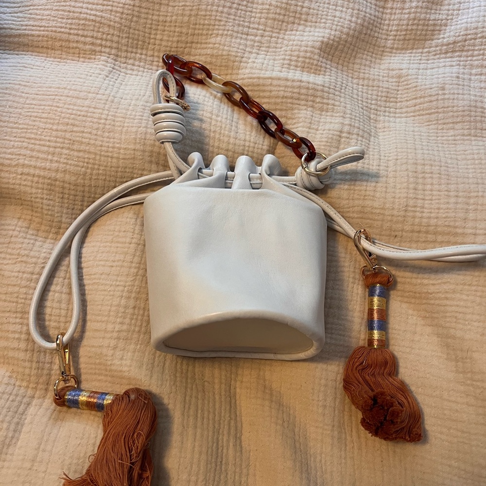 White Mini Drawstring Bag with Tortoiseshell Chain - image 2